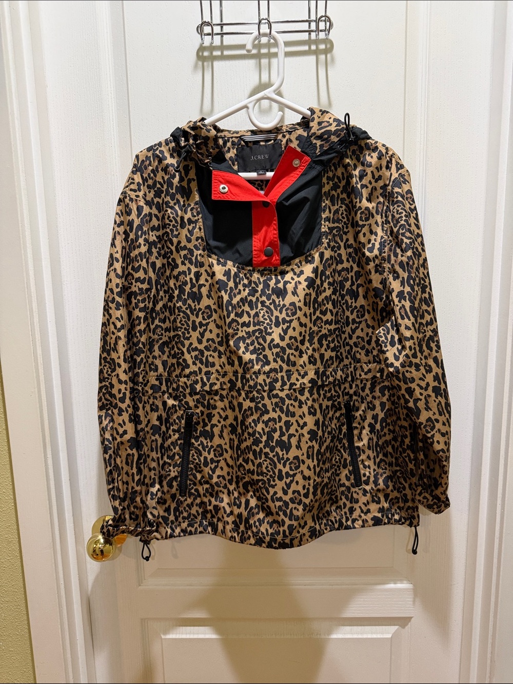 J. Crew Leopard Print Anorak Rain Jacket with Red Trim